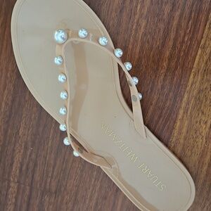 Stuart Weitzman Goldie Pearly Stud Jelly Thong Sandals Flip-Flop- Poudre, Sz 5